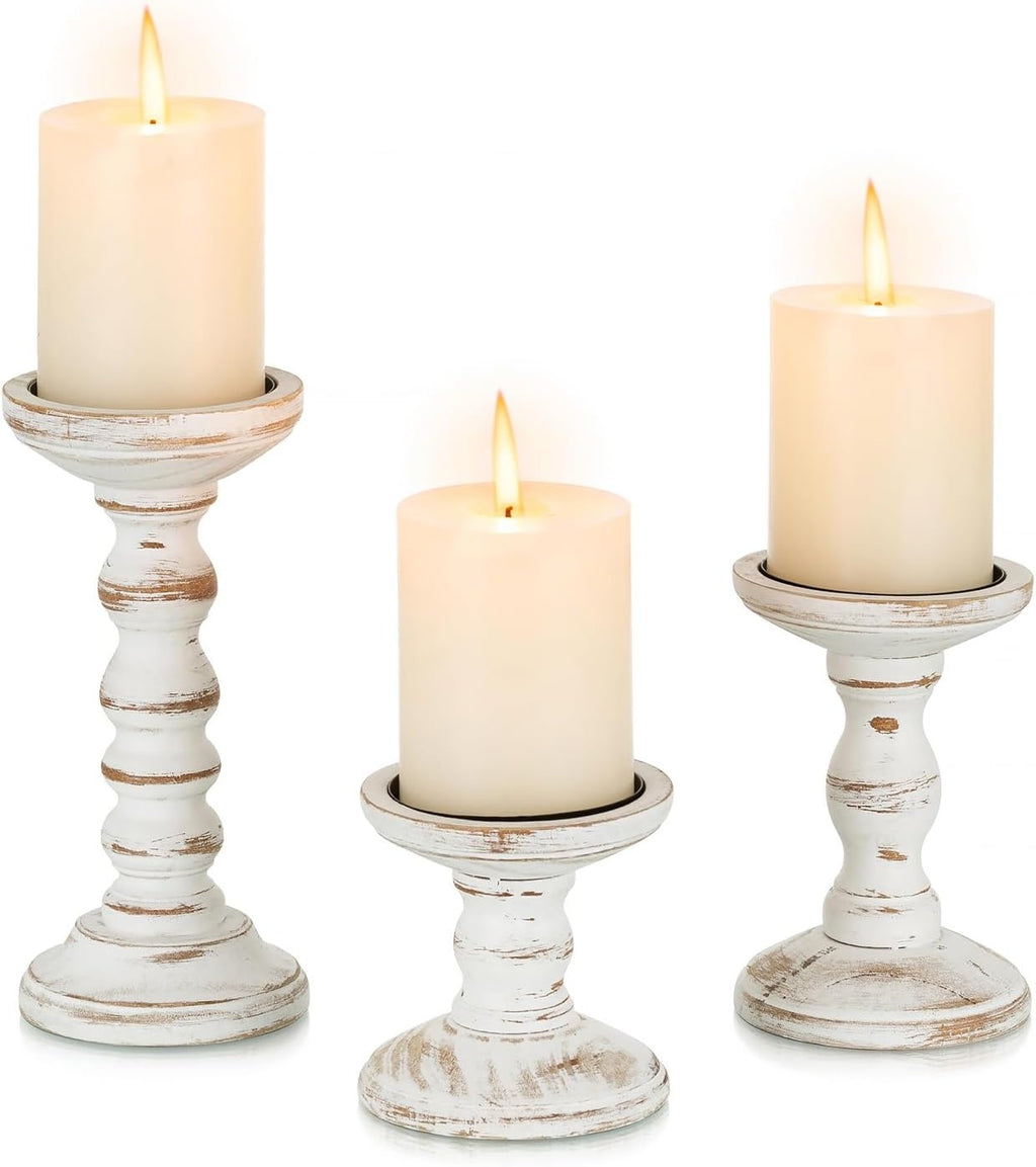 Whitewashed Pine Pillar Holder Set