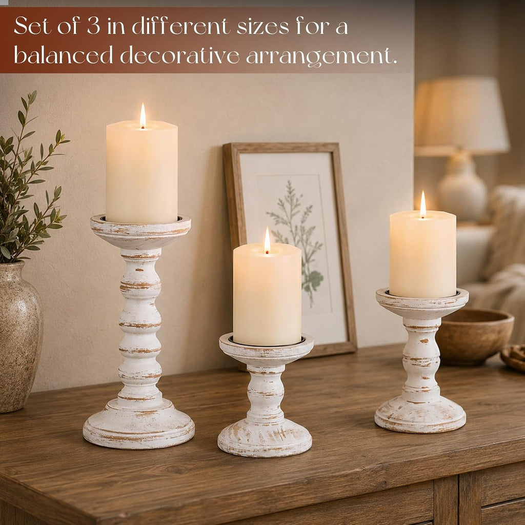 Whitewashed Pine Pillar Holder Set