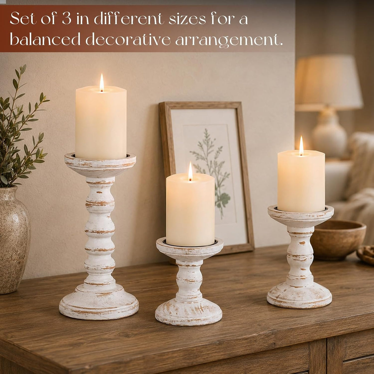 Whitewashed Pine Pillar Holder Set